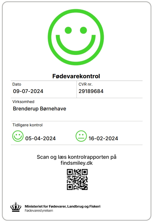 Billede af kontrolrapport for seneste 3 besøg. Rapporten viser en glad smiley fra seneste besøg d. 9. juli 2024.